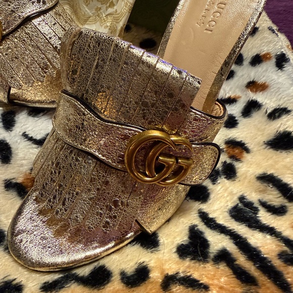 Gucci Shoes - Gucci Metallic Gold Mules with GG Logo